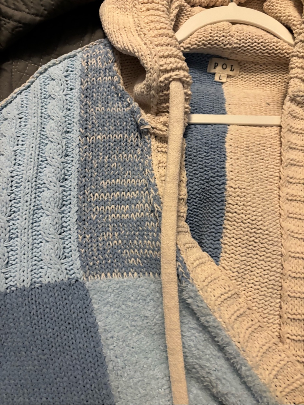 POL Blue and Cream Patchwork Hooded Cardigan Sweater - Picture 4 of 5